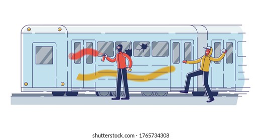 Couple Of Vandals Damaging Subway Train. Bullies In Hood And Balaclava Painting Graffiti And Breaking Windows On Metro Car. Street Gangsters And Vandalism Concept. Linear Vector Illustration