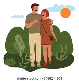 Couple various weather. Romantic walking in park. Guy and girl in love. Young family. Hugging man and woman. Summer nature. Lovers cuddle. Happy people. Friends embrace