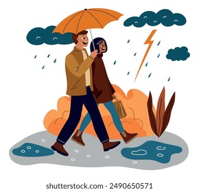 Couple various weather. Romantic walking. Guys and girls in love. Park stroll. People with umbrella. Rainy clouds and lightning. Autumn nature. Cartoon young family