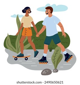 Couple various weather. Romantic walking. Park stroll. Guys and girls in love. Young family relax together. Man roller skating. Woman on skateboard. Happy people meeting