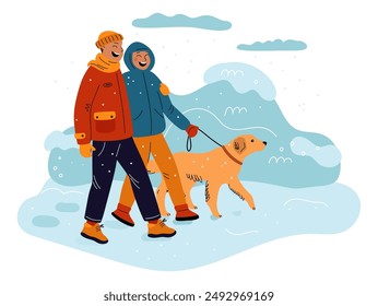 Couple various weather. Romantic walking. Park stroll with pet dog. Guy and girl in love. Winter nature. Cartoon family. Cold season. Warm outerwear. Wintertime snowfall