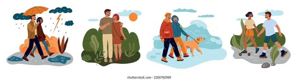 Couple various weather walking. Cute people in different seasons. Happy man and woman in seasonal clothes. Guys and girls in love. Romantic park stroll. Young families