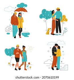 Couple various weather. Walking in different seasons, guy with girl in warm and light clothes outdoor. Spring and summer, winter and autumn season. Vector cartoon flat isolated set