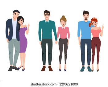 Couple vector character set. Pairs of young valentines lovers in relationship holding hands isolated in white background. Vector illustration.
