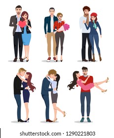 Couple vector characters set. Valentines lovers in relationship dating, holding hands and kissing isolated in white background. Vector illustration.
