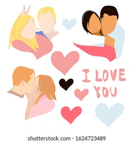 Couple vector flat color illustration set. Love minimalist print. Valentines day illustration with women and man. 