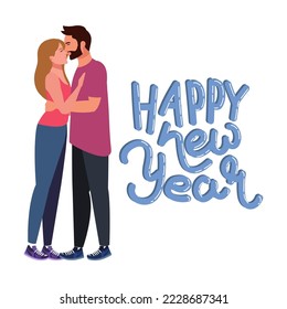 couple vector illustration, happy new year text, stylized, top view. perfect for backgrounds, social media and celebrating new year's day
