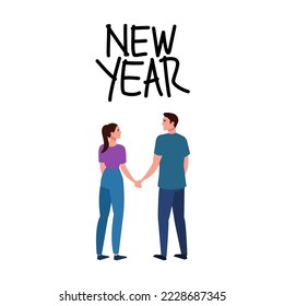 couple vector illustration, happy new year text, stylized, top view. perfect for backgrounds, social media and celebrating new year's day