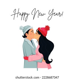 couple vector illustration, happy new year text, stylized, top view. perfect for backgrounds, social media and celebrating new year's day