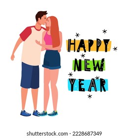 couple vector illustration, happy new year text, stylized, top view. perfect for backgrounds, social media and celebrating new year's day