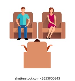 Ilustração de vetor de casal sentado no sofá com a frente da mala.