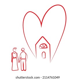 Couple, vector illustration. St. Valentine's Day card. A Home, love, heart. Line drawing of a family. Sketch, simple, trendy. Man and Woman