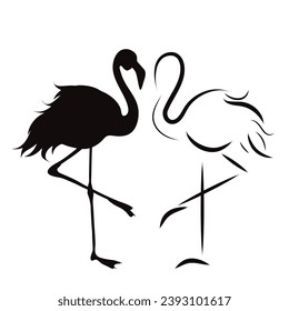 Couple of vector illustrations of flamingo on white background. Symbol of bird and nature.