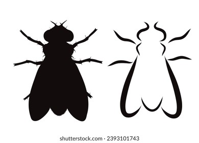 Un par de ilustraciones vectoriales de la mosca sobre fondo blanco. Símbolo de insecto y parásito.