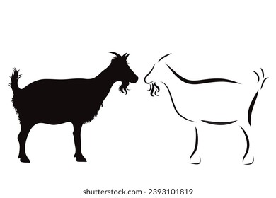 Couple of vector illustrations of goat on white background. Symbol of farm and breeding.