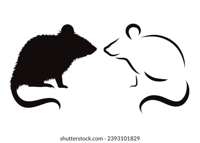 Couple of vector illustrations of rat on white background. Symbol of rodent and pest.