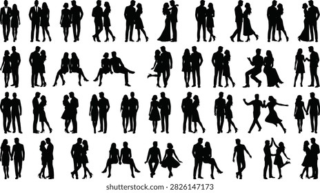 Couple vector silhouette set, romantic lovers man and woman icons, people in love relationships graphics