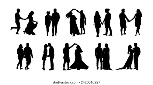 Couple vector silhouette woman girl man people in love black white isolated illustration happy young romantic silhouettes female vector