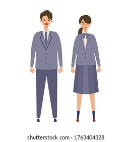 A couple of vector students from high and middle school. Vector illustration of boy and girl in uniform of same color. Isolated graphics.