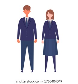 A couple of vector students from high and middle school. Vector illustration of boy and girl in uniform of same color. Isolated graphics.