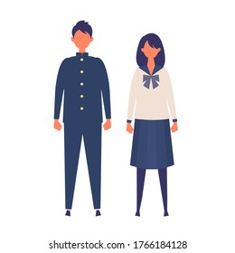 A couple of vector students from high and middle school. Vector illustration of boy and girl in uniform of same color. Isolated graphics.