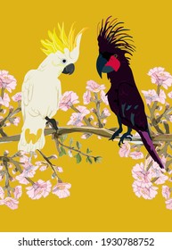 Couple vibrant black and white cockatoo parrots are sitting on tree branches in delicate pink flowers vector illustration. Picture with exotic bird on yellow gold background. EPS 10