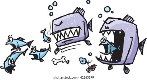 A couple of vicious cartoon piranha ripping into a hapless school of fish. Rendered in a loose style. Layered vector file.