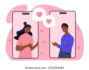 Couple with video call concept. Man and woman communicate in social networks and instant messengers. Mobile application for dating and meeting. Love and romance. Cartoon flat vector illustration