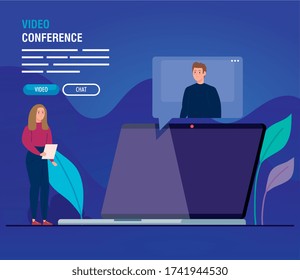 pareja en videoconferencia para diseño de ilustraciones vectoriales para portátiles