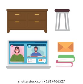 couple in video conference on laptop with icons vector illustration design