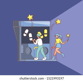 couple in video game console of coins with dancing steps vector illustration design