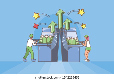 couple in video game console of coins with shooting rifle vector illustration design