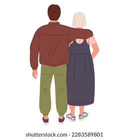 Couple view from behind. Fashionable male and female characters back side position, young people flat vector Illustration
