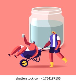 Couple of Villagers Male Characters Drinking Moonshine and Having Fun. Man Pushing Wheelbarrow with his Drunk Friend Sitting inside. Alcohol Addiction, Home Brewing. Cartoon People Vector Illustration