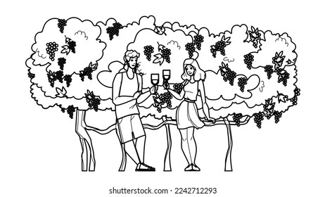 couple vineyard line pencil drawing vector. winery wine, happy female, man nature, outdoor woman, food agriculture, caucasian joy, person landscape couple vineyard character. people Illustration