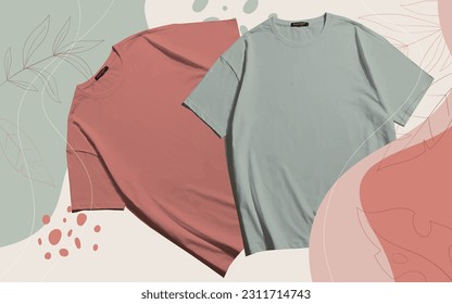 A couple of vintage colour like red and olive blank t shirt mockup with asethetic background design to showcage your design