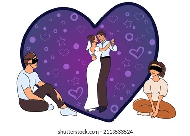 Couple in virtual glasses watch wedding in metaverse. Marriage in meta universe vector illustration