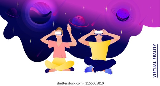 Couple in virtual reality glasses on a space abstract Background. Vector illustration in modern flat style.