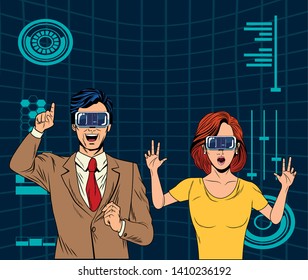 couple with virtual reality headset avatar cartoon character with mesh background and stadistical graphics vector illustration graphic design