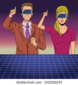 couple with virtual reality headset avatar cartoon character with futuristic mesh background vector illustration graphic design