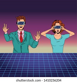 couple with virtual reality headset avatar cartoon character with futuristic mesh background vector illustration graphic design