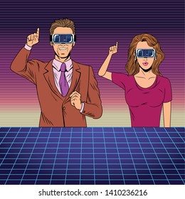 couple with virtual reality headset avatar cartoon character with futuristic mesh background vector illustration graphic design