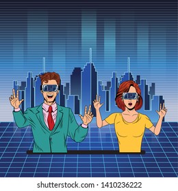 couple with virtual reality headset avatar cartoon character with futuristic cityscape background and skyscrapper vector illustration graphic design