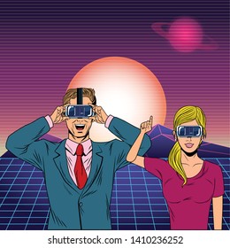 couple with virtual reality headset avatar cartoon character with futuristic landscape background vector illustration graphic design