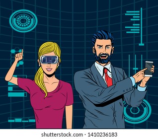 couple with virtual reality headset and cellphone avatar cartoon character with mesh background and stadistical graphics vector illustration graphic design