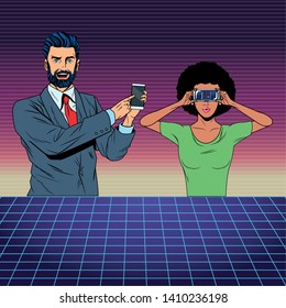 couple with virtual reality headset and cellphone avatar cartoon character with futuristic mesh background vector illustration graphic design