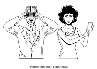 couple with virtual reality headset and cellphone avatar cartoon character black and white vector illustration graphic design