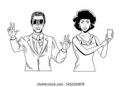 couple with virtual reality headset and cellphone avatar cartoon character black and white vector illustration graphic design