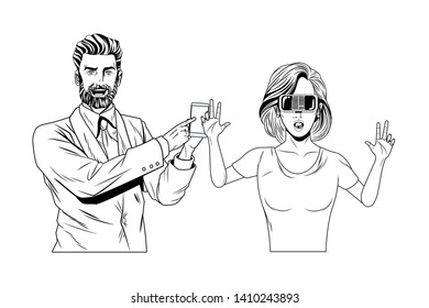 couple with virtual reality headset and cellphone avatar cartoon character black and white vector illustration graphic design