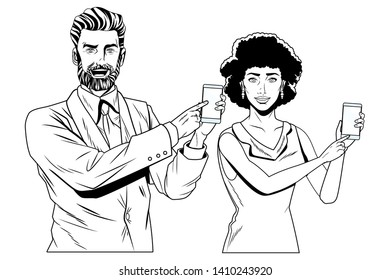 couple with virtual reality headset and cellphone avatar cartoon character black and white vector illustration graphic design